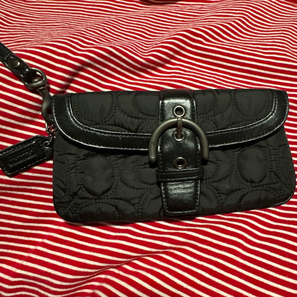 Coach Black Monogram Wristlet with Silver Buckle